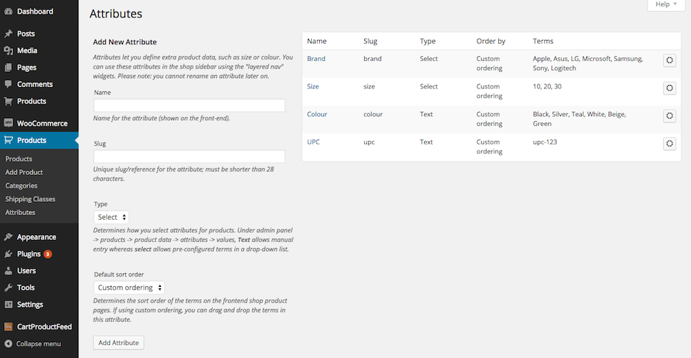 woocommerce product attributes