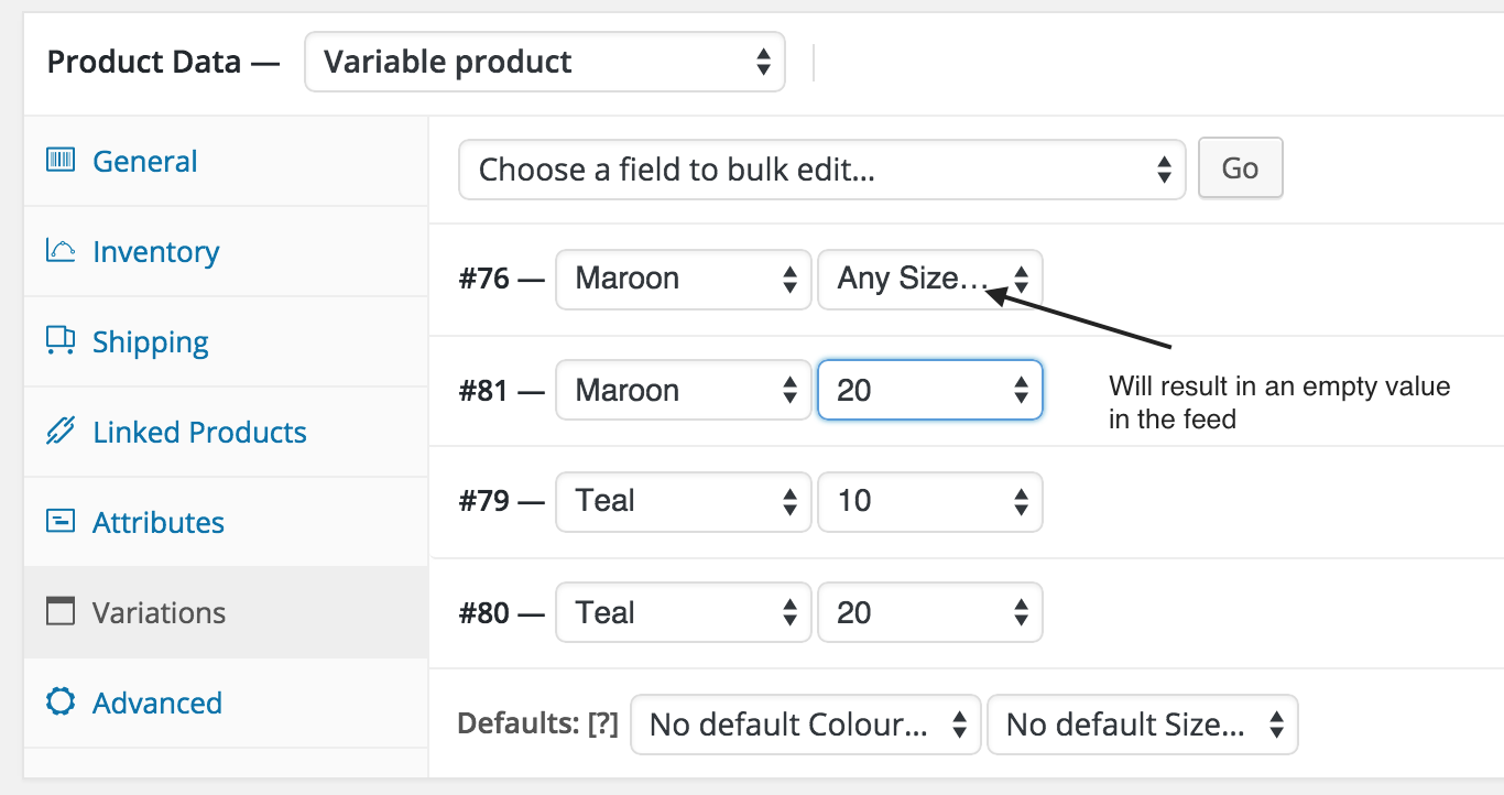 variable products attributes