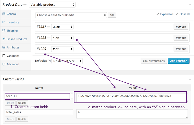 upc for variable products in woocommerce