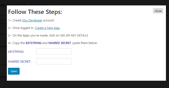 enter keystring and shared secret in exportfeed etsy