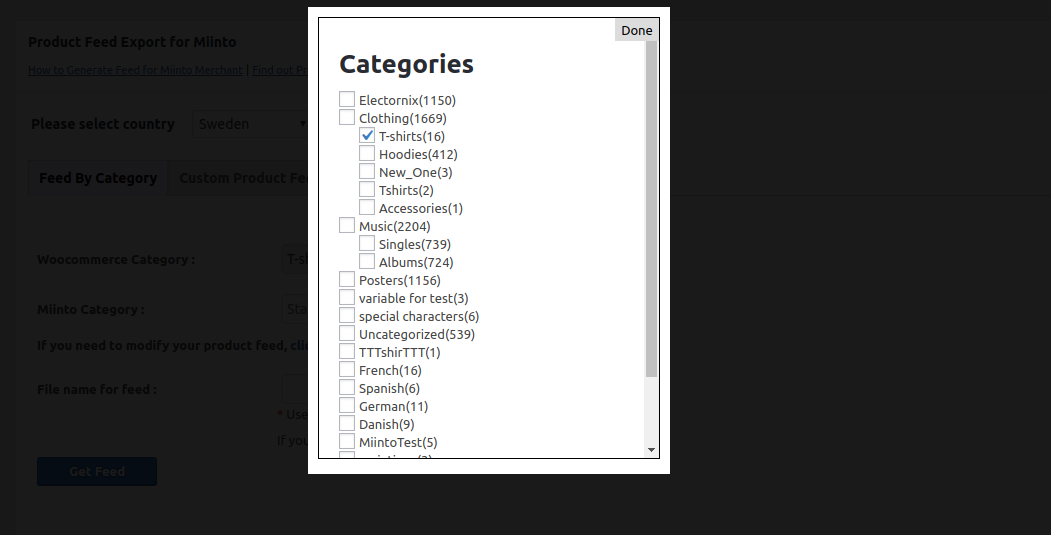 select woocommerce category for miinto feed