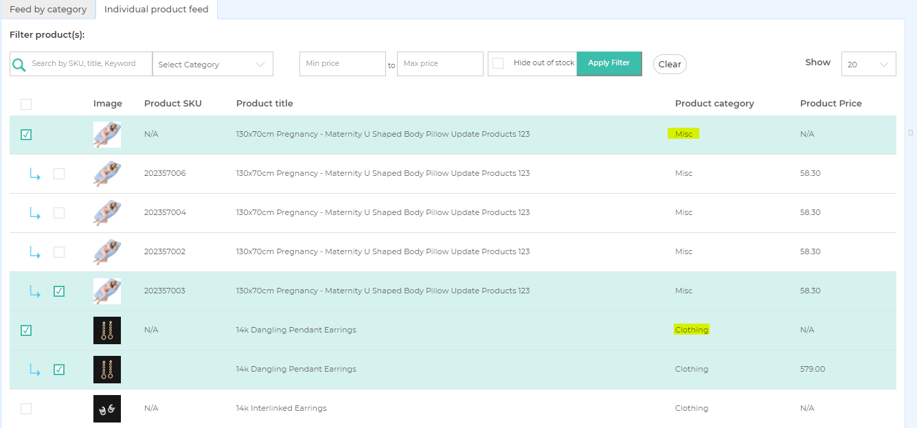 selecting individual products of different categories