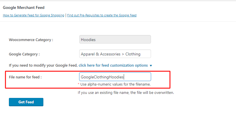 provide a unique filename for your woocommerce google feed