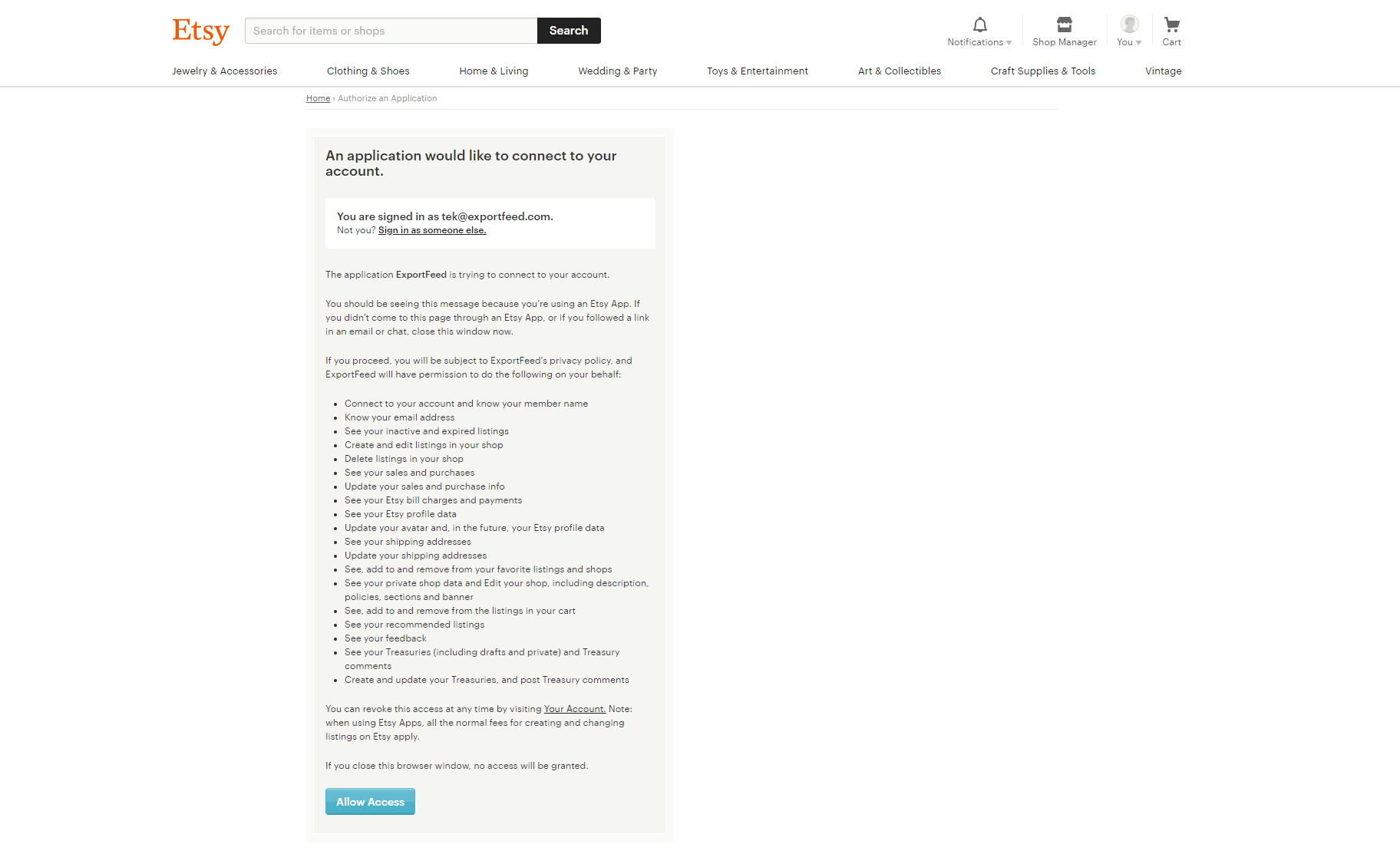 Etsy Authorization page